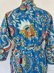 Women Reversible Long Kimono Jacket Kantha Stitch 100% Cotton | Handmade Robe | Her Anniversary Gift | Pastel Blue Jungle Floral Print - The Eastern Loom