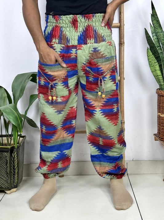 Yak Wool Blend Boho Unisex Hareem Pant Aztec Geometric Non Itchy Warm Panama Hippie Tribal Comfy Hand Stitched Leisure Yoga Loungewear - The Eastern Loom