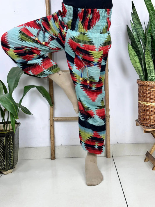 Yak Wool Blend Boho Unisex Hareem Pant Aztec Geometric Non Itchy Warm Panama Hippie Tribal Comfy Hand Stitched Leisure Yoga Loungewear - The Eastern Loom