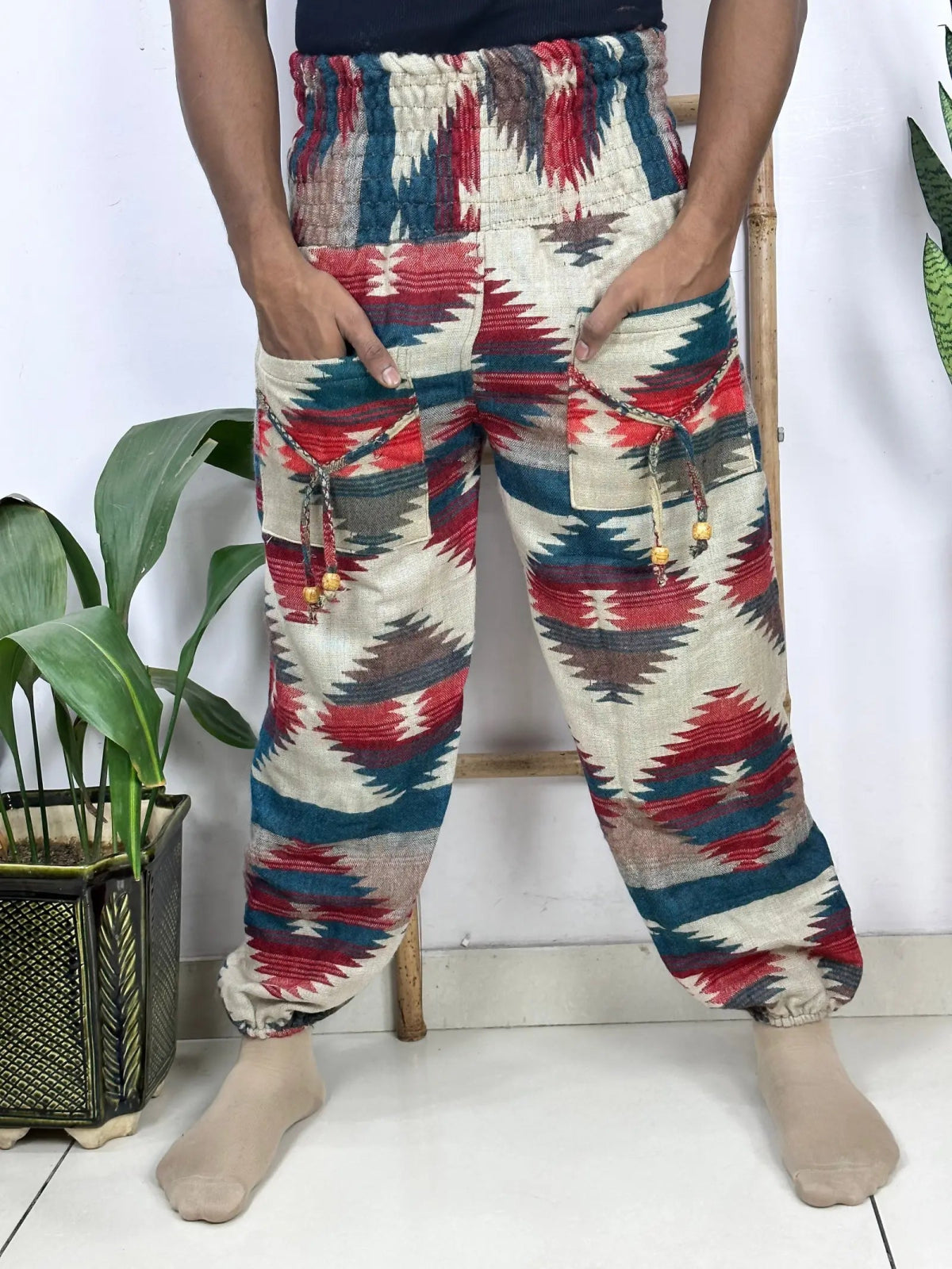 Yak Wool Blend Boho Unisex Hareem Pant Aztec Geometric Non Itchy Warm Panama Hippie Tribal Comfy Hand Stitched Leisure Yoga Loungewear - The Eastern Loom