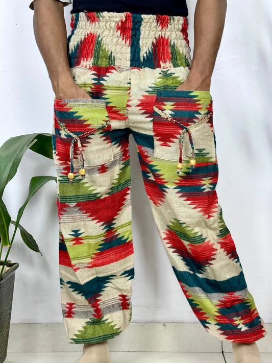 Yak Wool Blend Boho Unisex Hareem Pant Aztec Geometric Non Itchy Warm Panama Hippie Tribal Comfy Hand Stitched Leisure Yoga Loungewear - The Eastern Loom