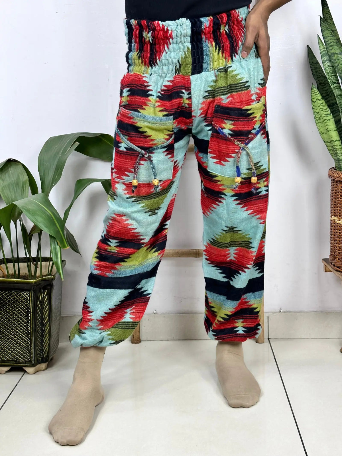 Yak Wool Blend Boho Unisex Hareem Pant Aztec Geometric Non Itchy Warm Panama Hippie Tribal Comfy Hand Stitched Leisure Yoga Loungewear - The Eastern Loom