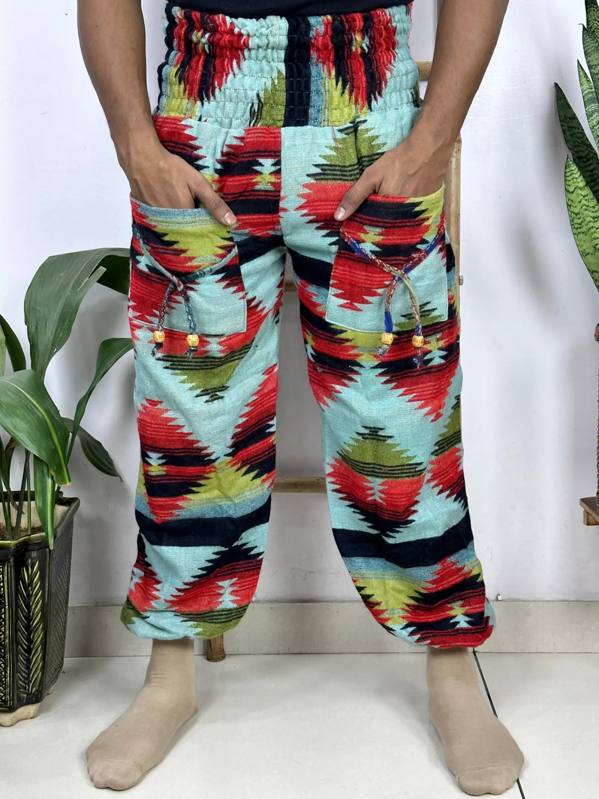 Yak Wool Blend Boho Unisex Hareem Pant Aztec Geometric Non Itchy Warm Panama Hippie Tribal Comfy Hand Stitched Leisure Yoga Loungewear - The Eastern Loom