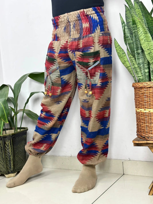 Yak Wool Blend Boho Unisex Hareem Pant Aztec Geometric Non Itchy Warm Panama Hippie Tribal Comfy Hand Stitched Leisure Yoga Loungewear - The Eastern Loom