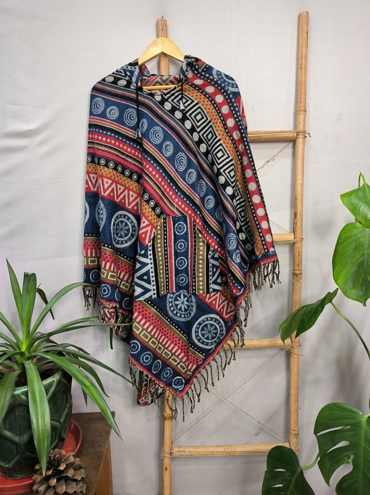 Yak Wool Blend Geometric Poncho with Hood and Pockets | Hand Loomed Urban Warm Hygge For His & Her | Unisex Black Red Pink Blue Boho Hooded - The Eastern Loom
