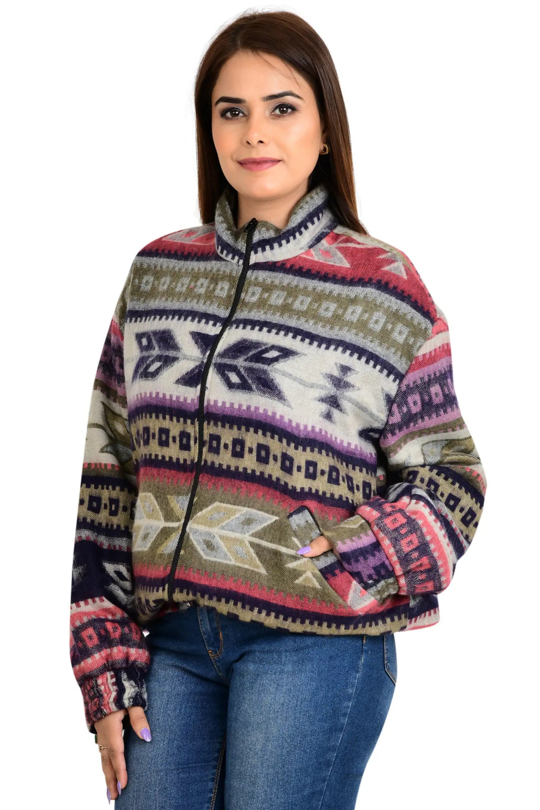 Yak Wool Blend Zipper Jacket Kimono | Autumn Winter Warm Cozy Diamond Aztec Geometric Soft comfy Bomber Bolero Style Sweater | With Pockets - The Eastern Loom